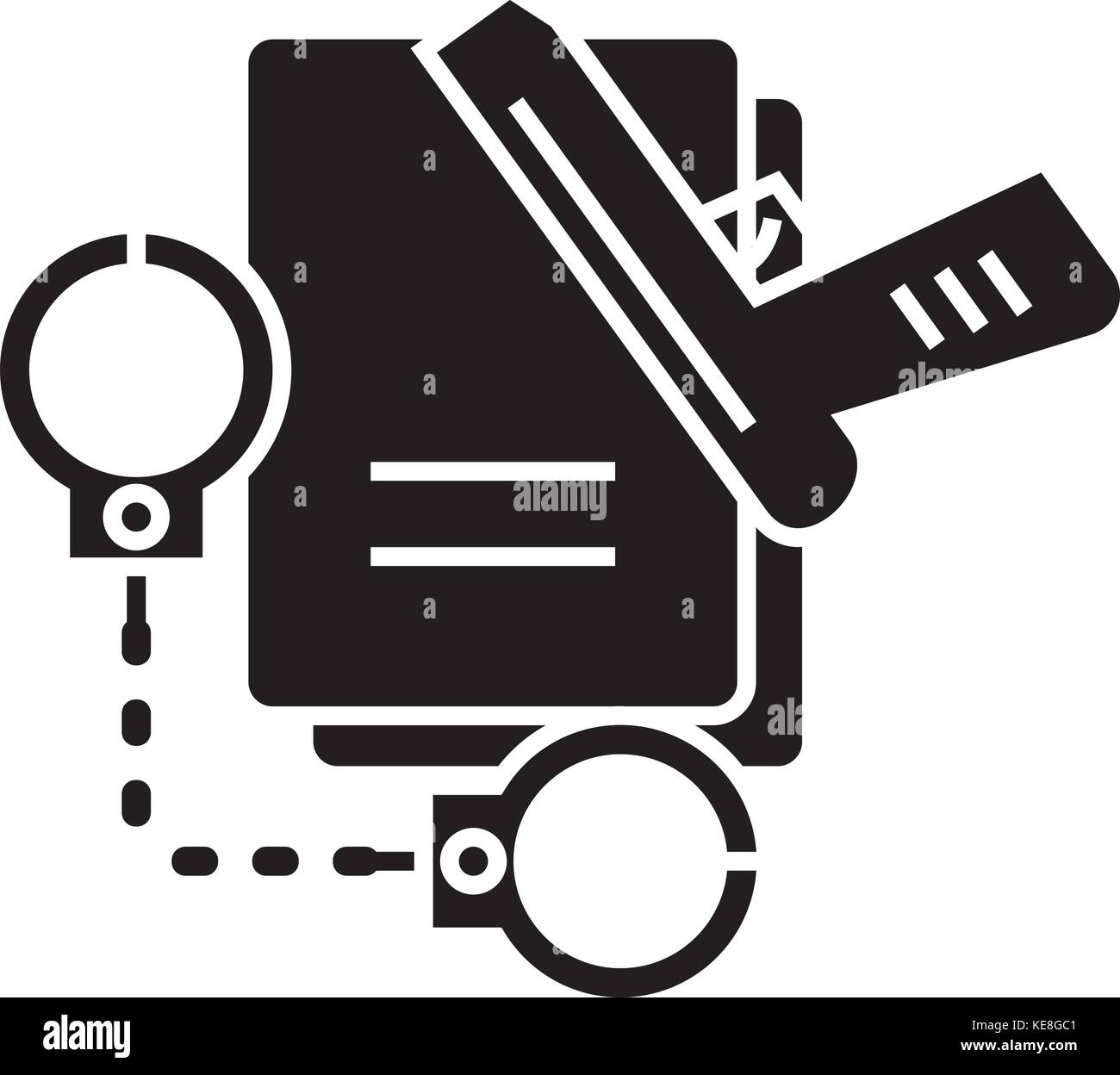 criminal law - handcuffs - docs - gun - evidence icon, vector illustration, black sign on isolated background Stock Vector