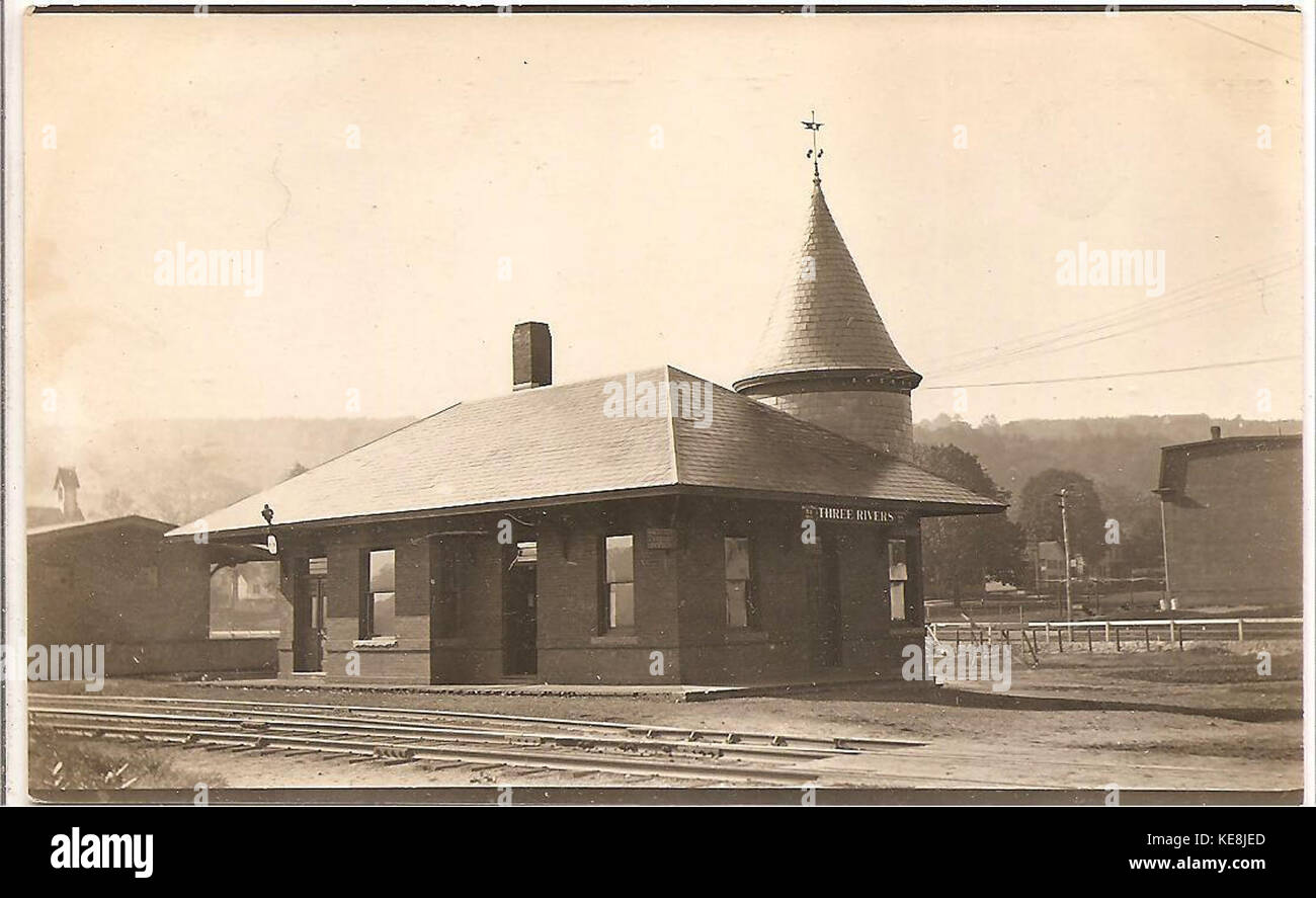 A vintage postcard featuring the Three Rivers train station, capturing ...