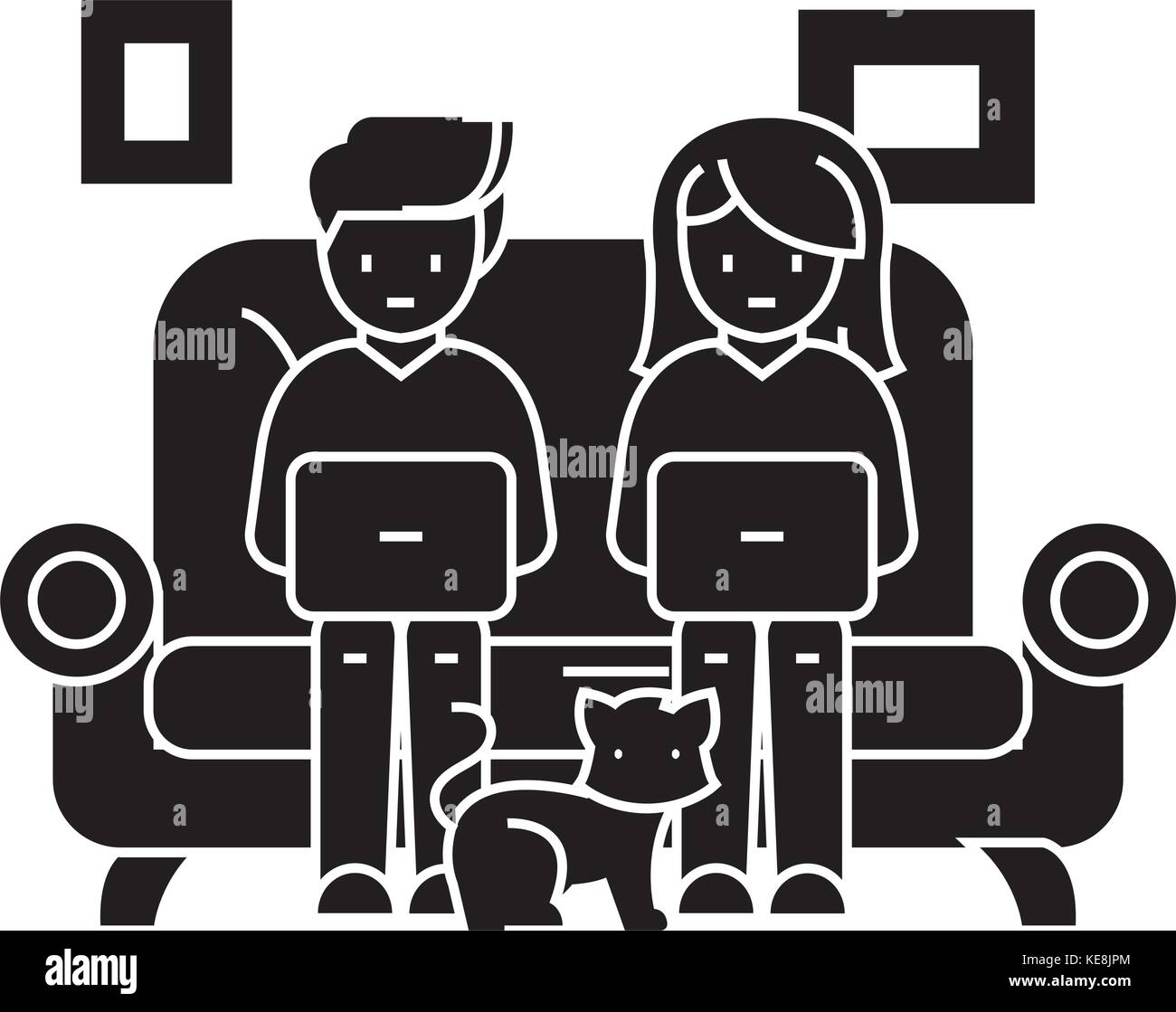 family at sofa working on laptops with cat icon, vector illustration, black sign on isolated background Stock Vector