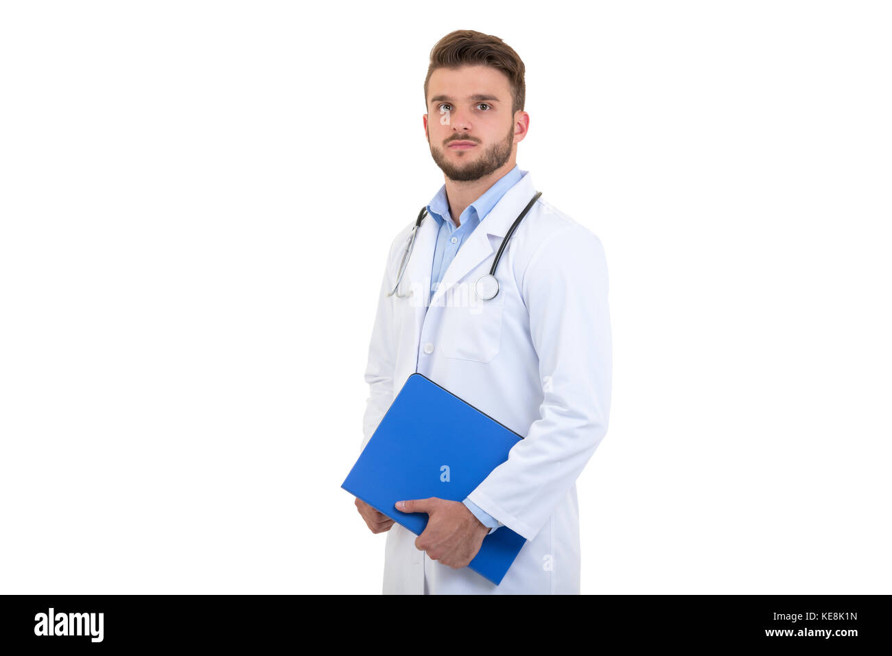 Male Doctor standing with folder, isolated on white background Stock ...