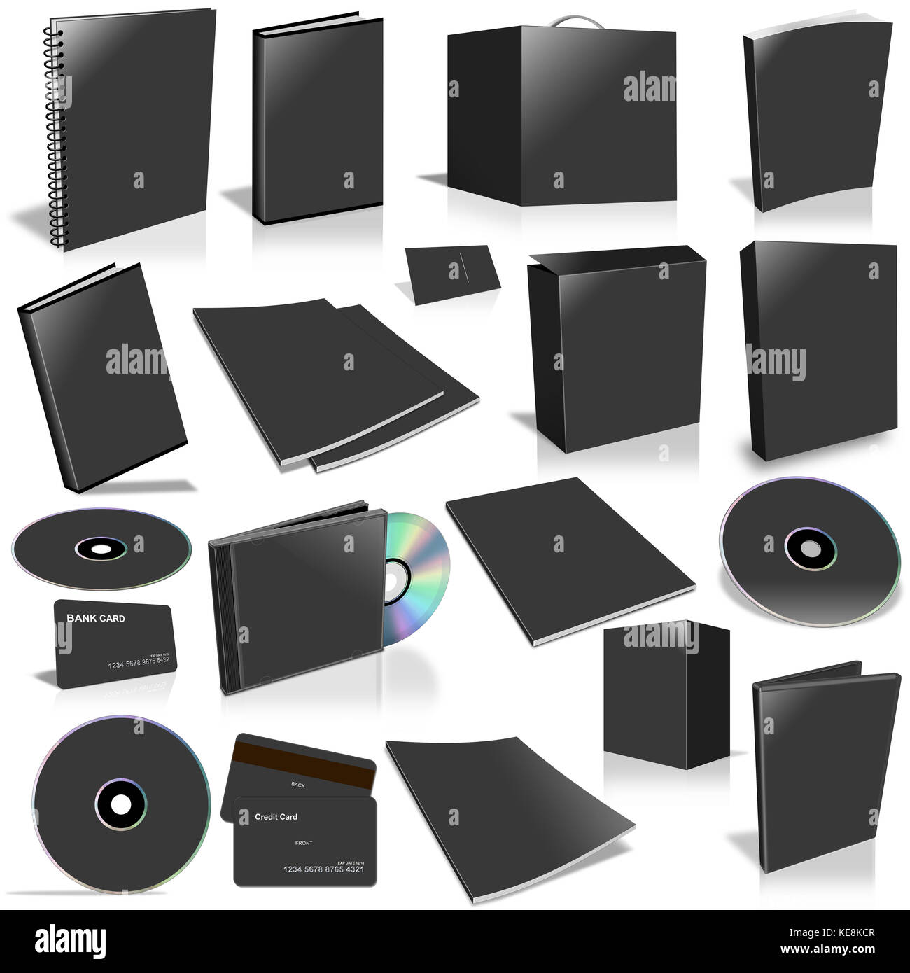 Black 3d blank cover collection, isolated on white Stock Photo