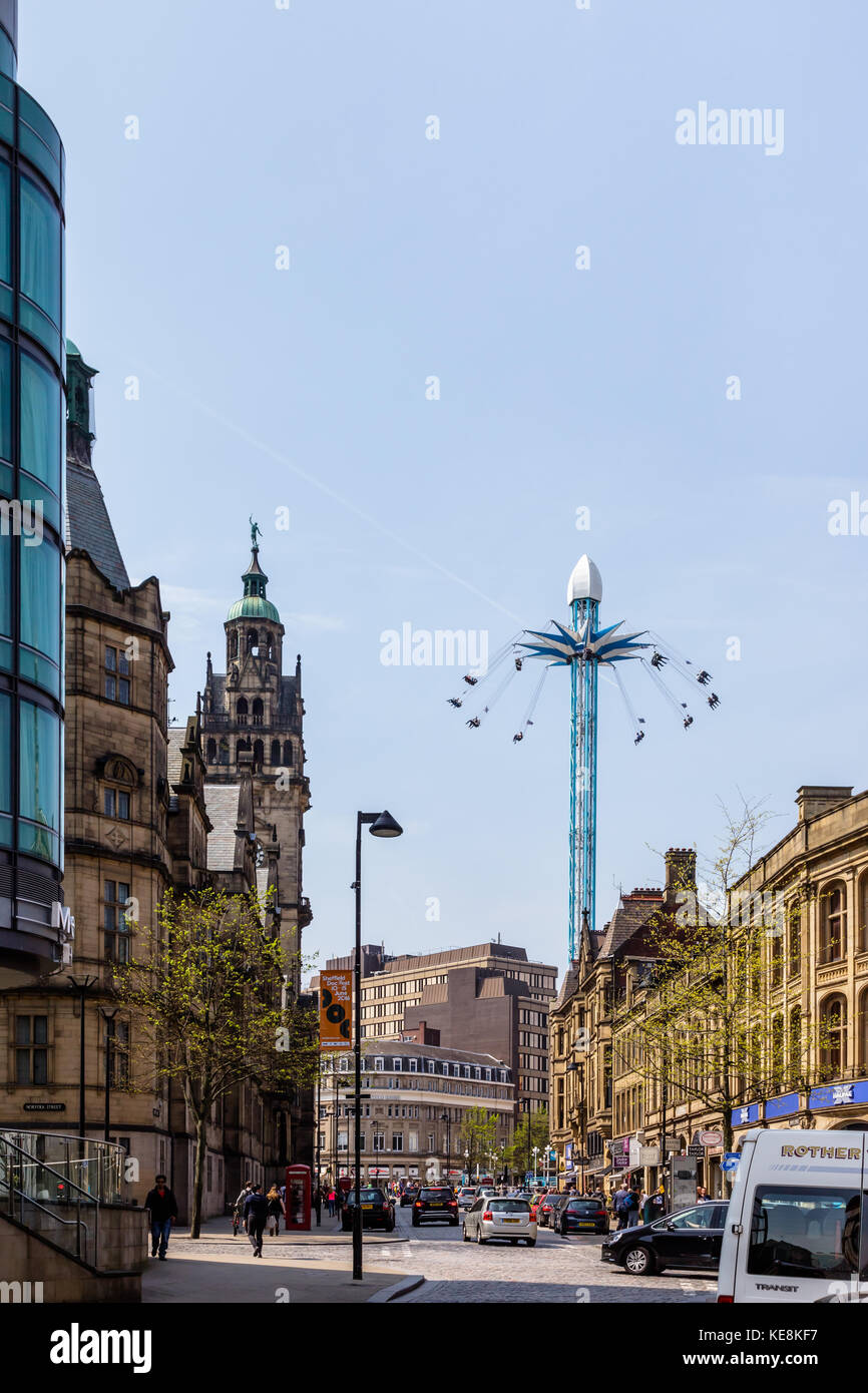 Star Flyer carousel at top of Fargate from Surrey Street, May 2016, Sheffield, UK Stock Photo