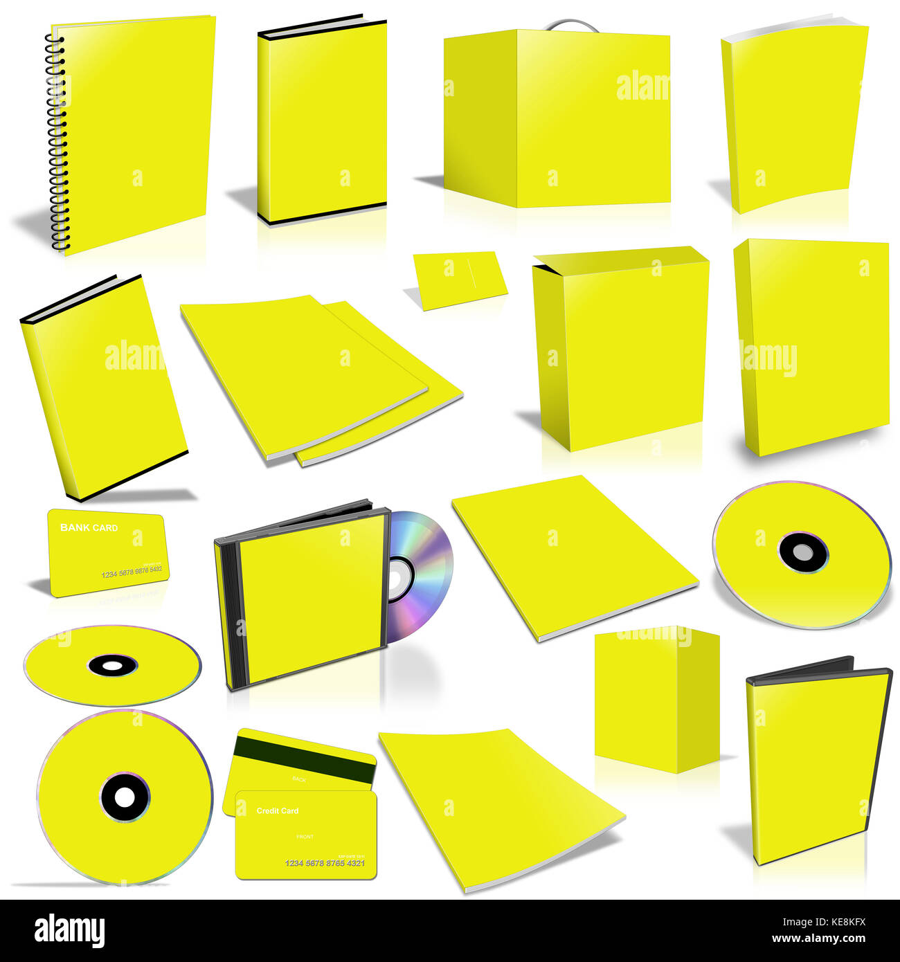 Yellow 3d blank cover collection, isolated on white Stock Photo