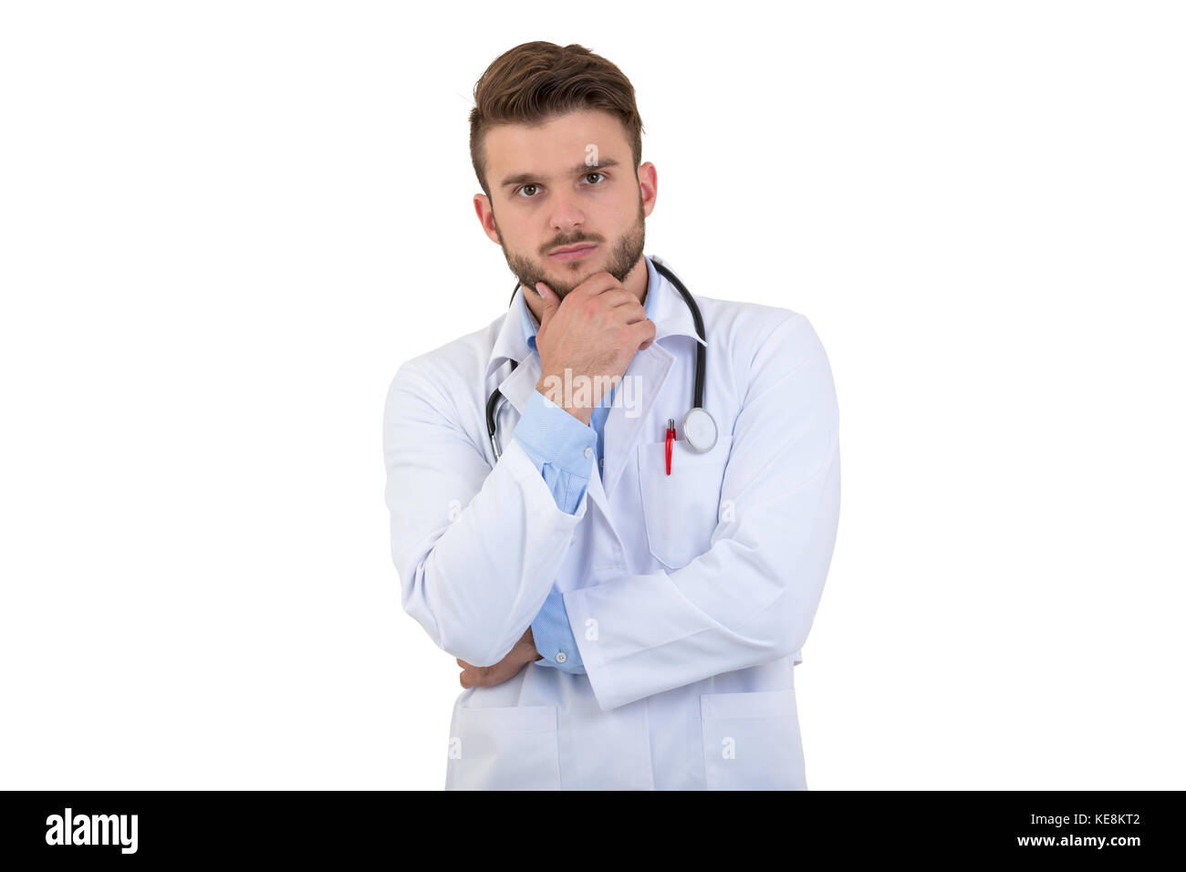 Portrait of confident young medical doctor on white background Stock ...