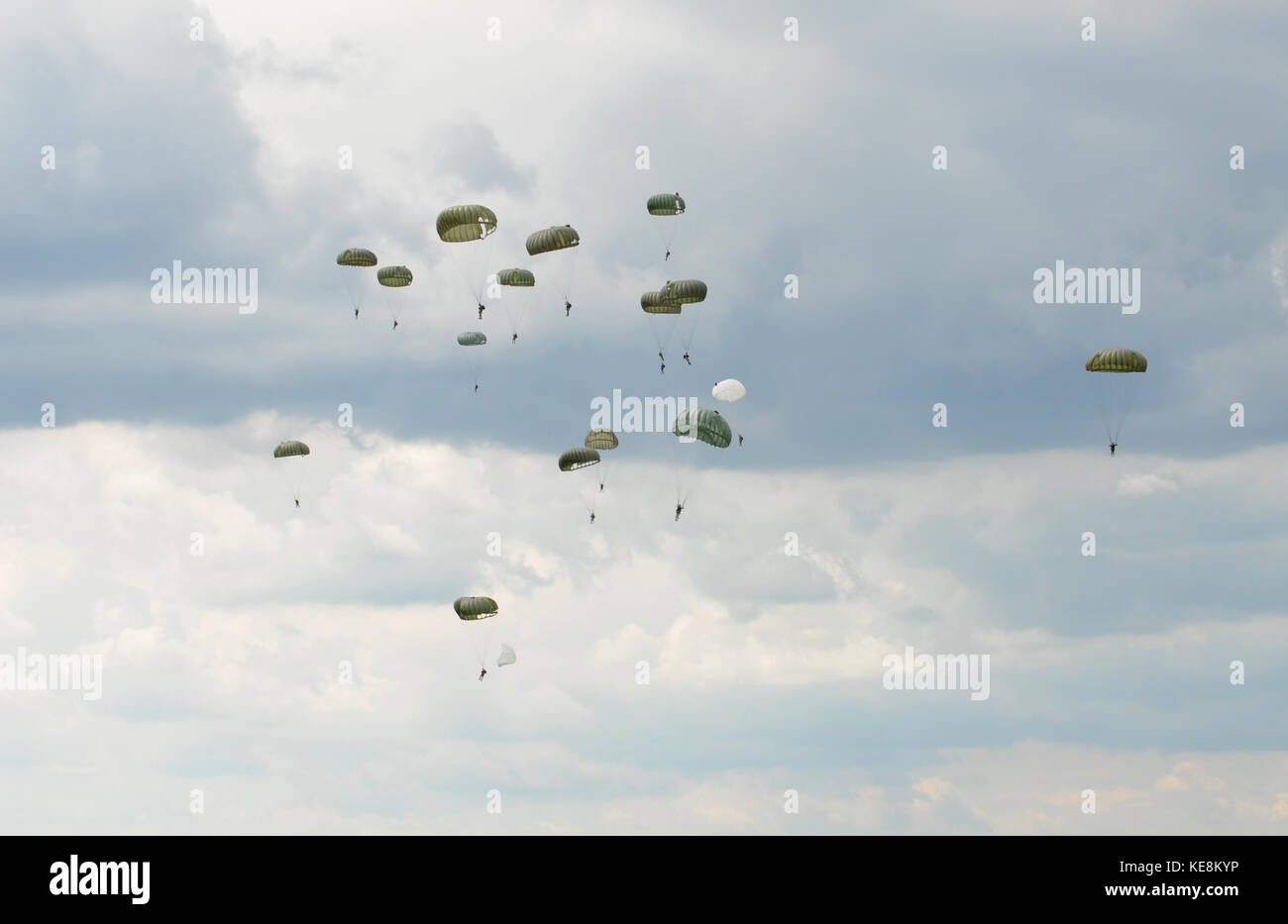 World War II era rounch parachutes airdrop Stock Photo