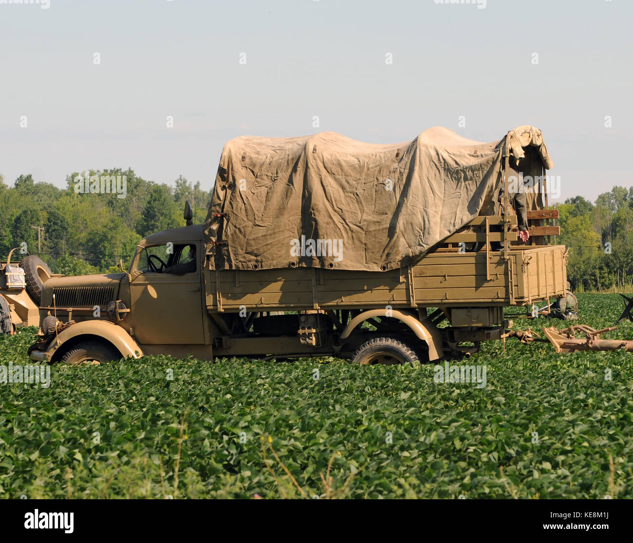 World War II era military truck in a field Stock Photo