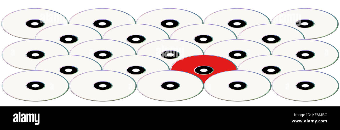 Many DVD's, Only One Red. Multimedia disks. Isolated on white. Stock Photo