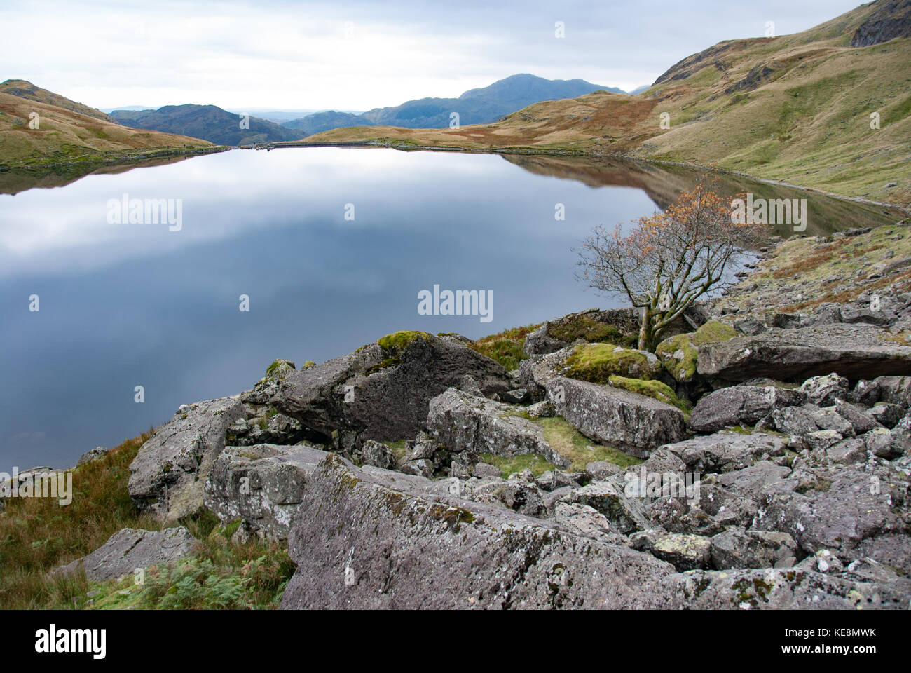 Stickle Tarn from path up Pavey Ark, Lake District National Park, UK Stock Photo