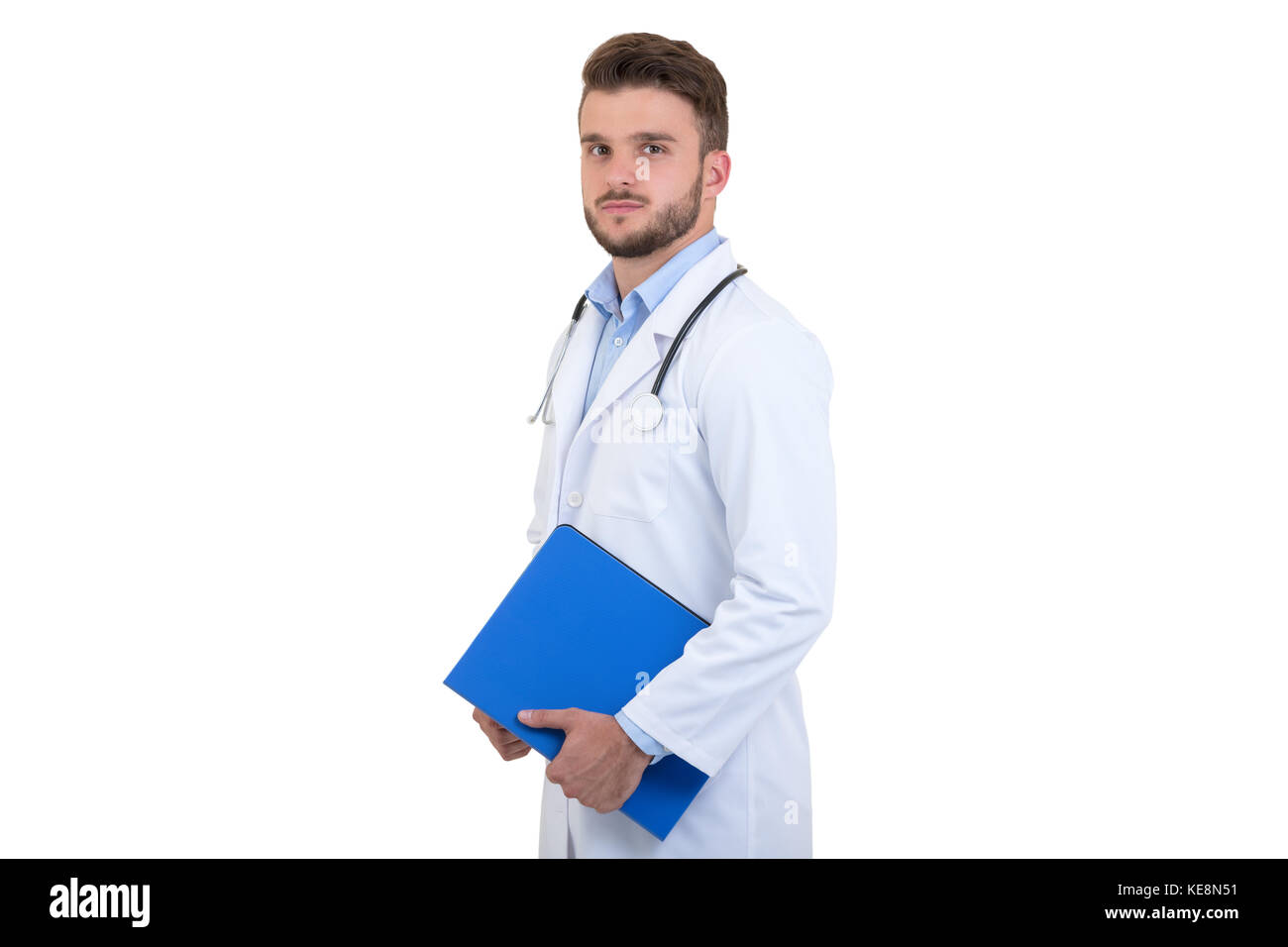 Male Doctor standing with folder, isolated on white background Stock ...
