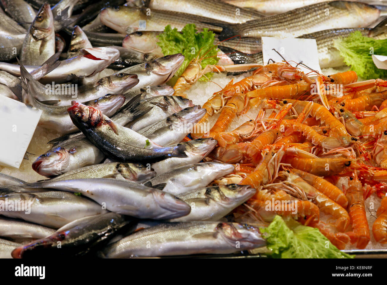 Fish and shrimp pile sold on market stall Stock Photo