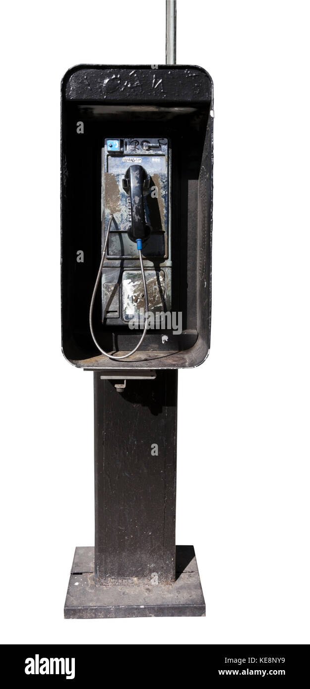 Old payphone booth. Isolated. Vertical. Stock Photo