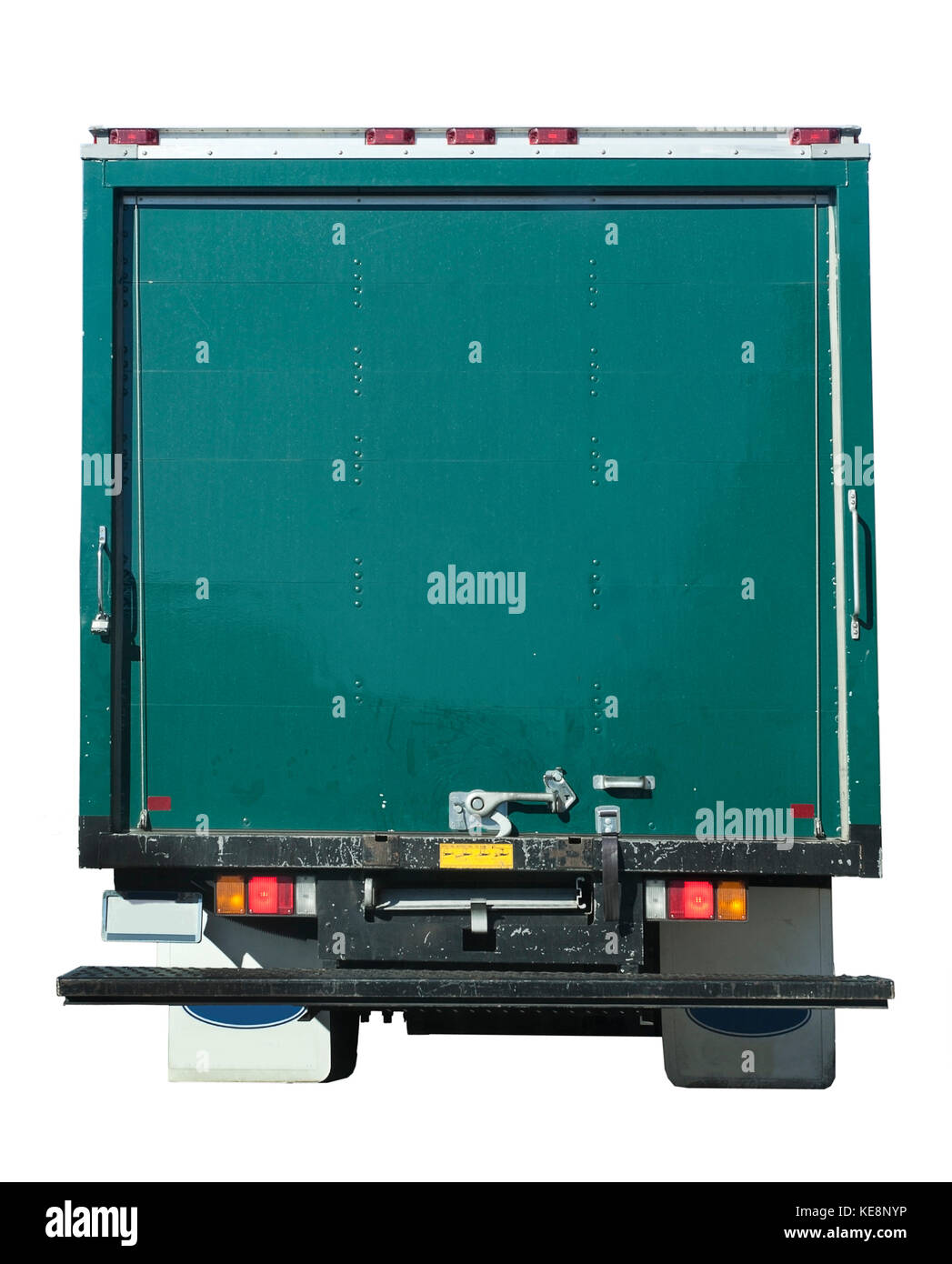 Isolated rear of blank green delivery lorry. Stock Photo