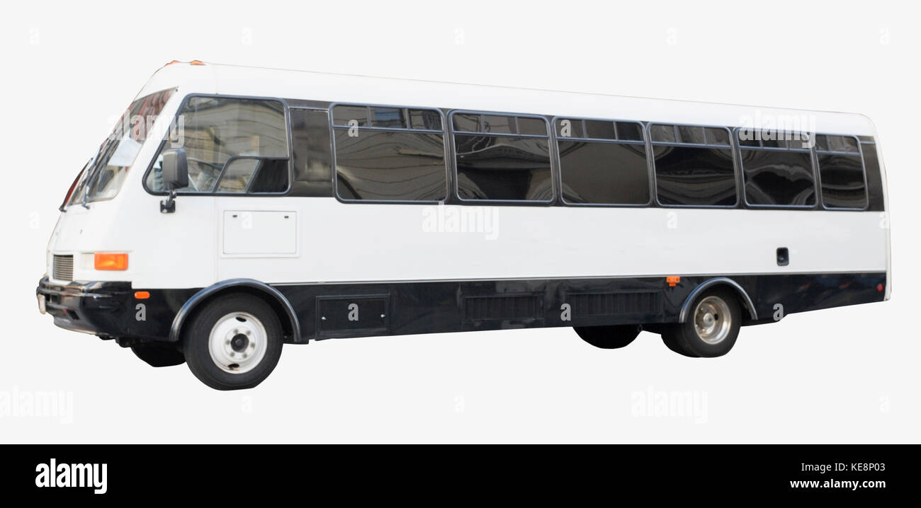 Isolated white charter bus with tinted windows. Stock Photo