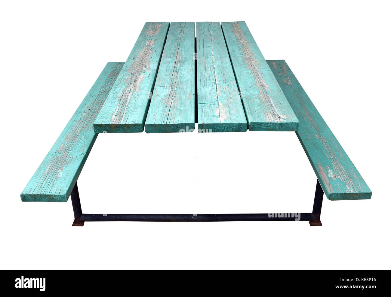 Bluish-green weathered picnic table. Isolated. Stock Photo