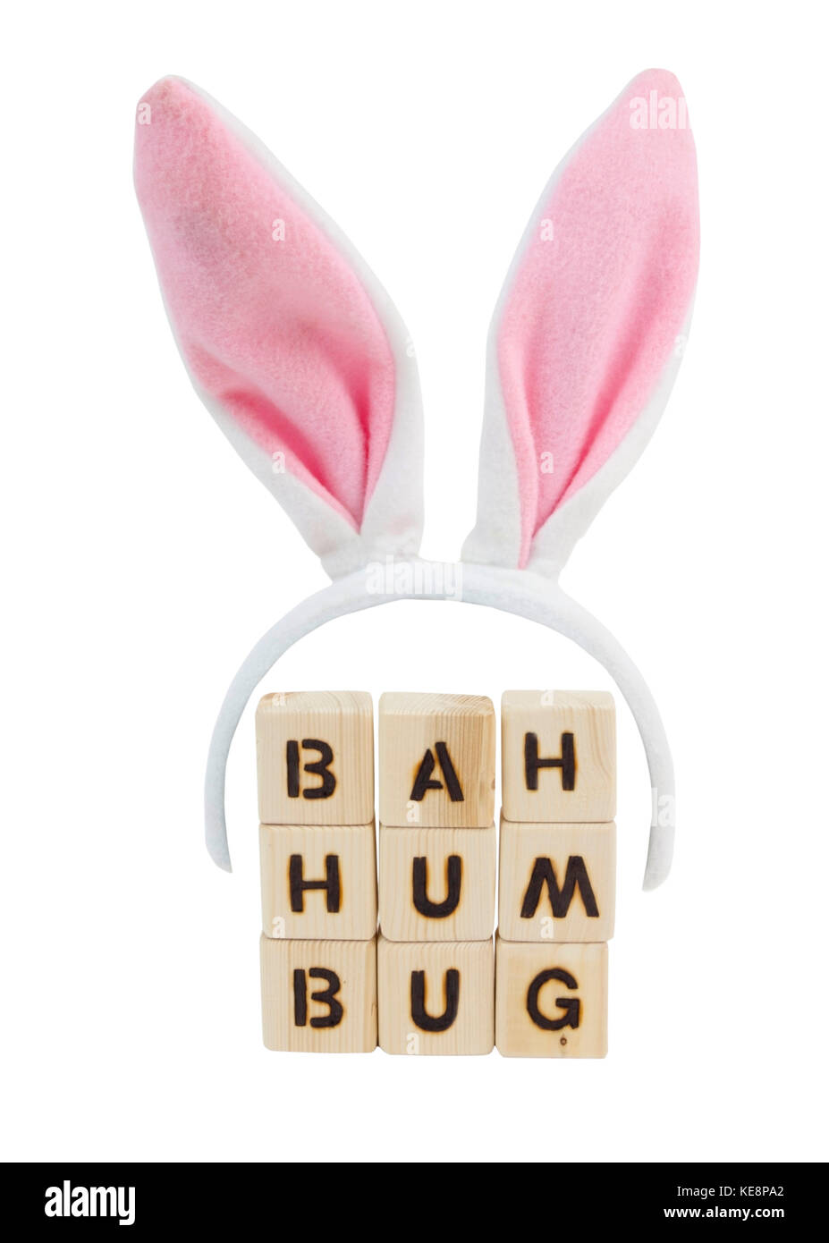 Pink Easter bunny ears with BAH HUMBUG message. Fun. Humour. Isolated. Stock Photo