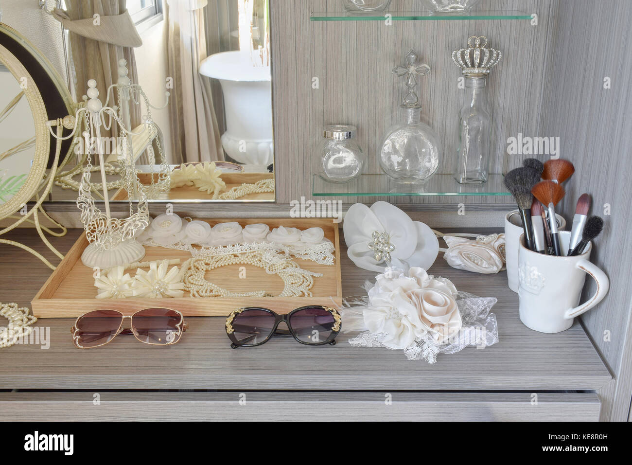 gray dressing table with accessories at home Stock Photo Alamy