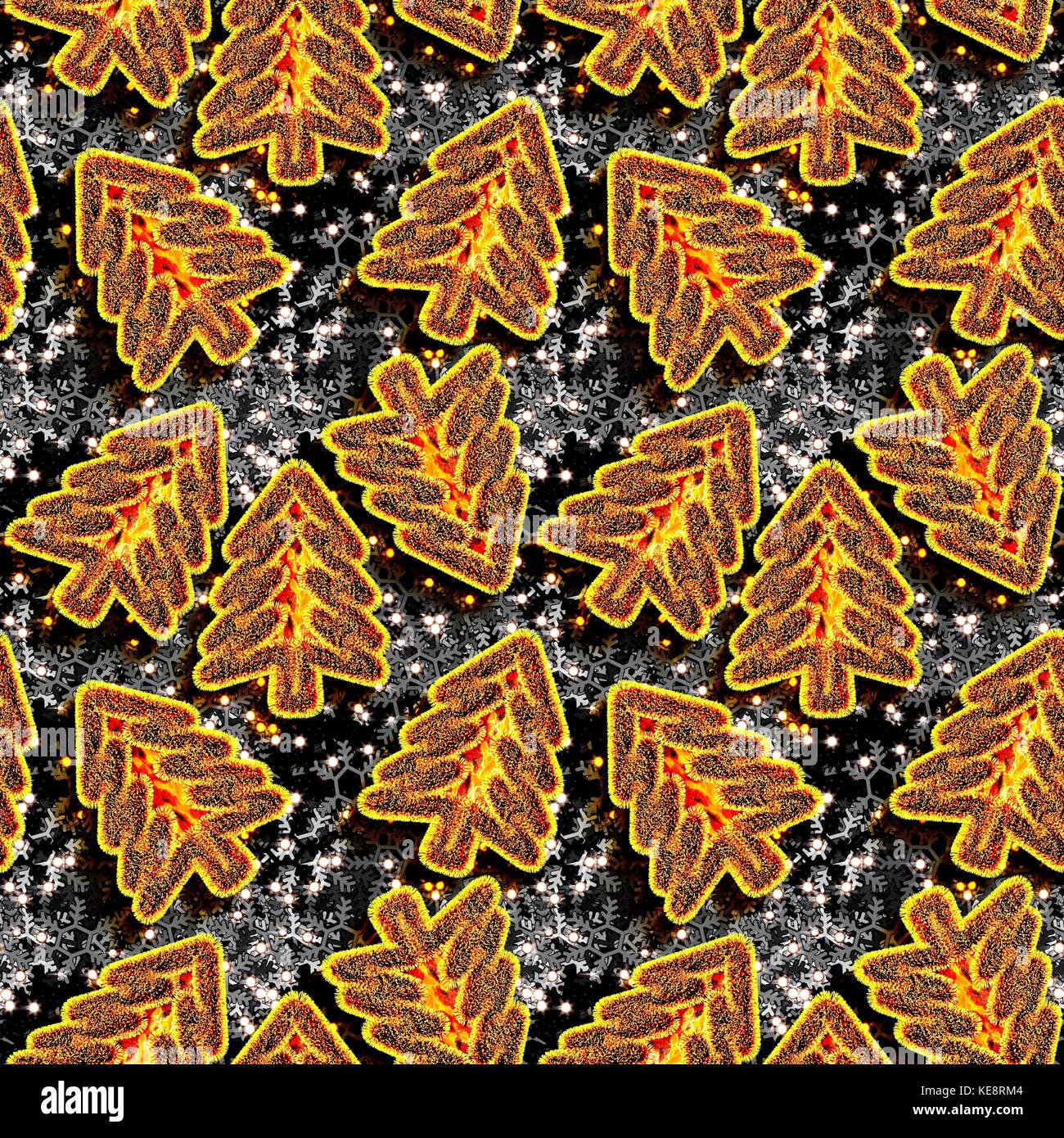 Seamless background of golden Christmas trees with black snowflakes ...