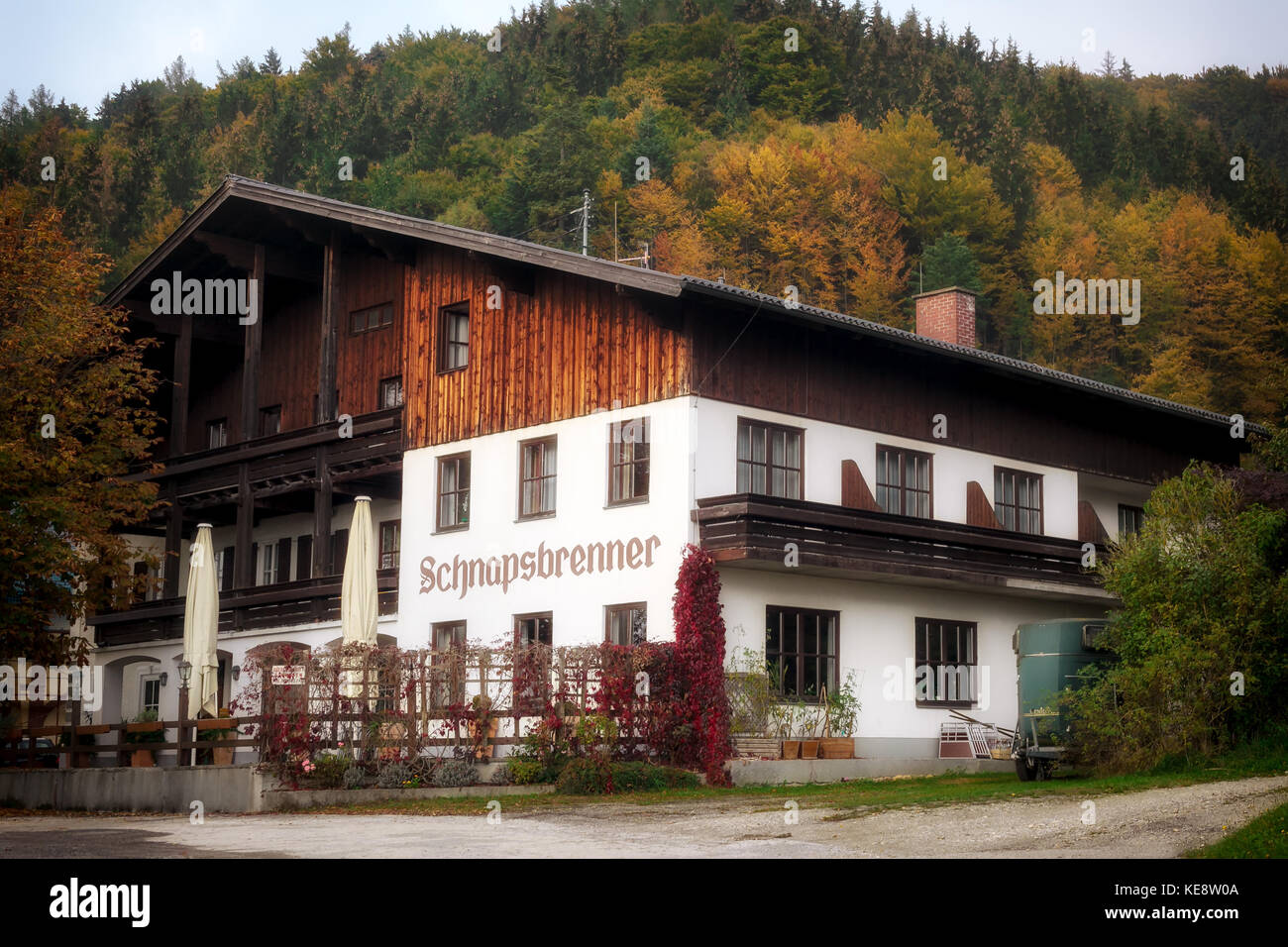 MUNDERFING, AUSTRIA - OCTOBER 20, 2015: Gasthof Schapsbrenner has been operating since 1556 and is located at the edge of the „Kobernaußerwald“, the l Stock Photo
