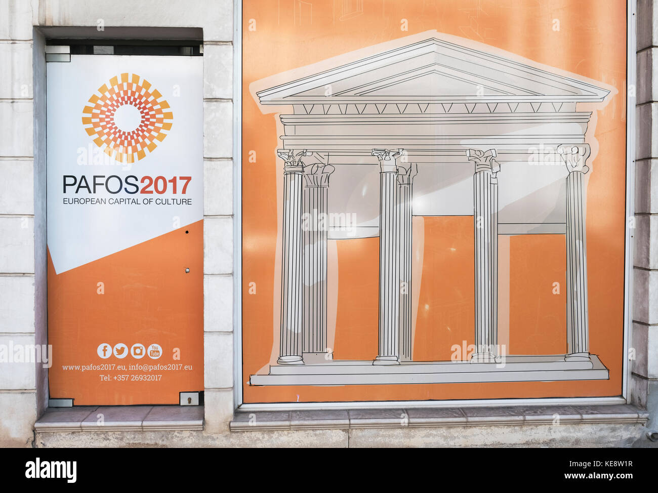 A shop front advertising the Pafos 2017 European Capital of Culture which was awarded to the city of Paphos, Cyprus. Stock Photo
