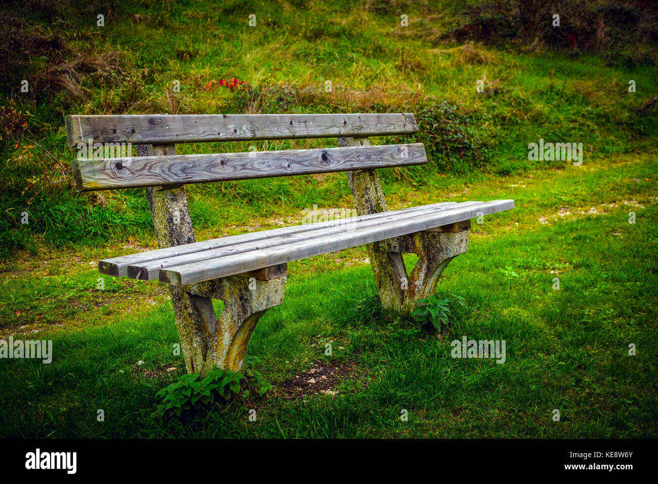 A lone old bench at Kobernausser Wald, the largest woodland area in Central Europe. Stock Photo