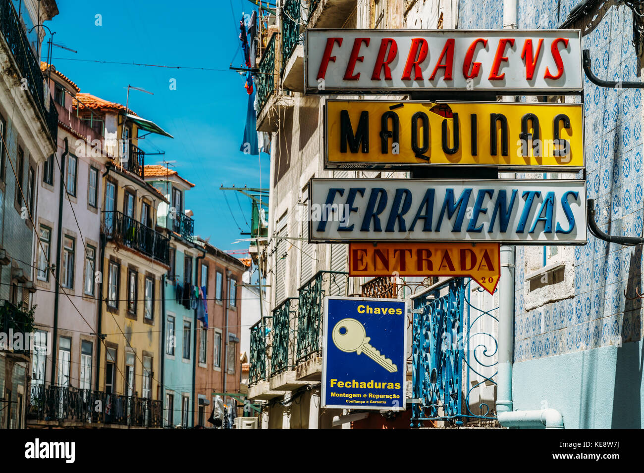 LISBON, PORTUGAL - AUGUST 12, 2017: Vintage Store Signs In Lisbon City Of Portugal Stock Photo