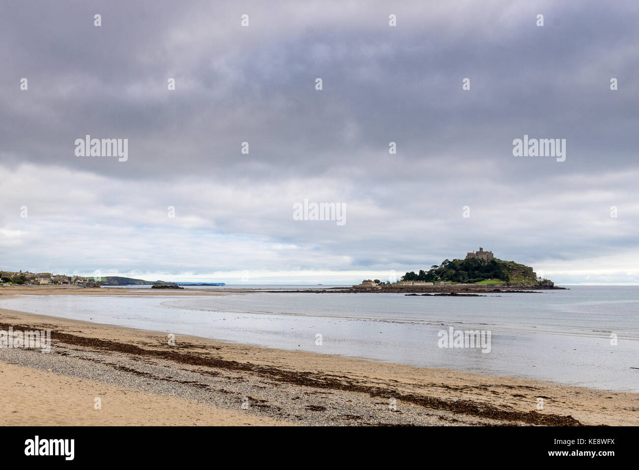 St Michael's Mount sits in Mount Bay, connected to Marazion via a causeway accessible during lower tides. Stock Photo
