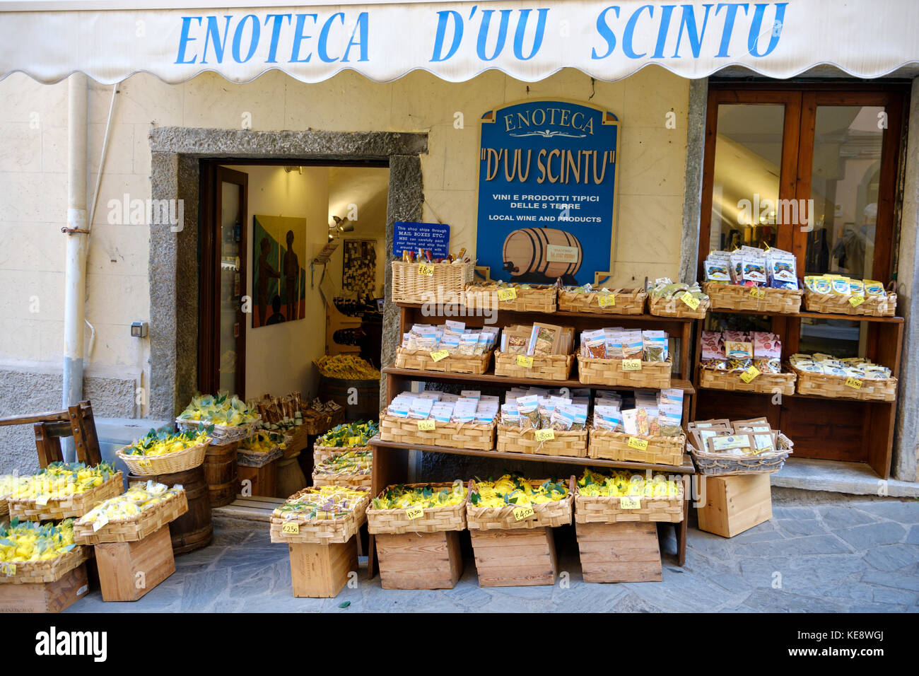 shop selling typical local products in Riomaggiore, Cinque Terre, Liguria, Italy Stock Photo