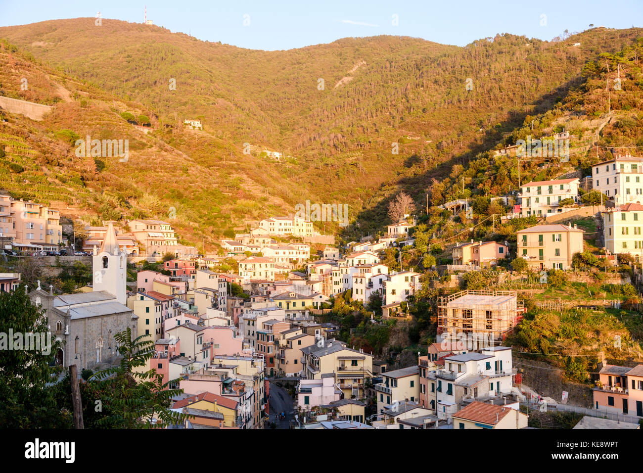view over the town with its colourful houses in Riomaggiore, Cinque Terre, Liguria, Italy Stock Photo