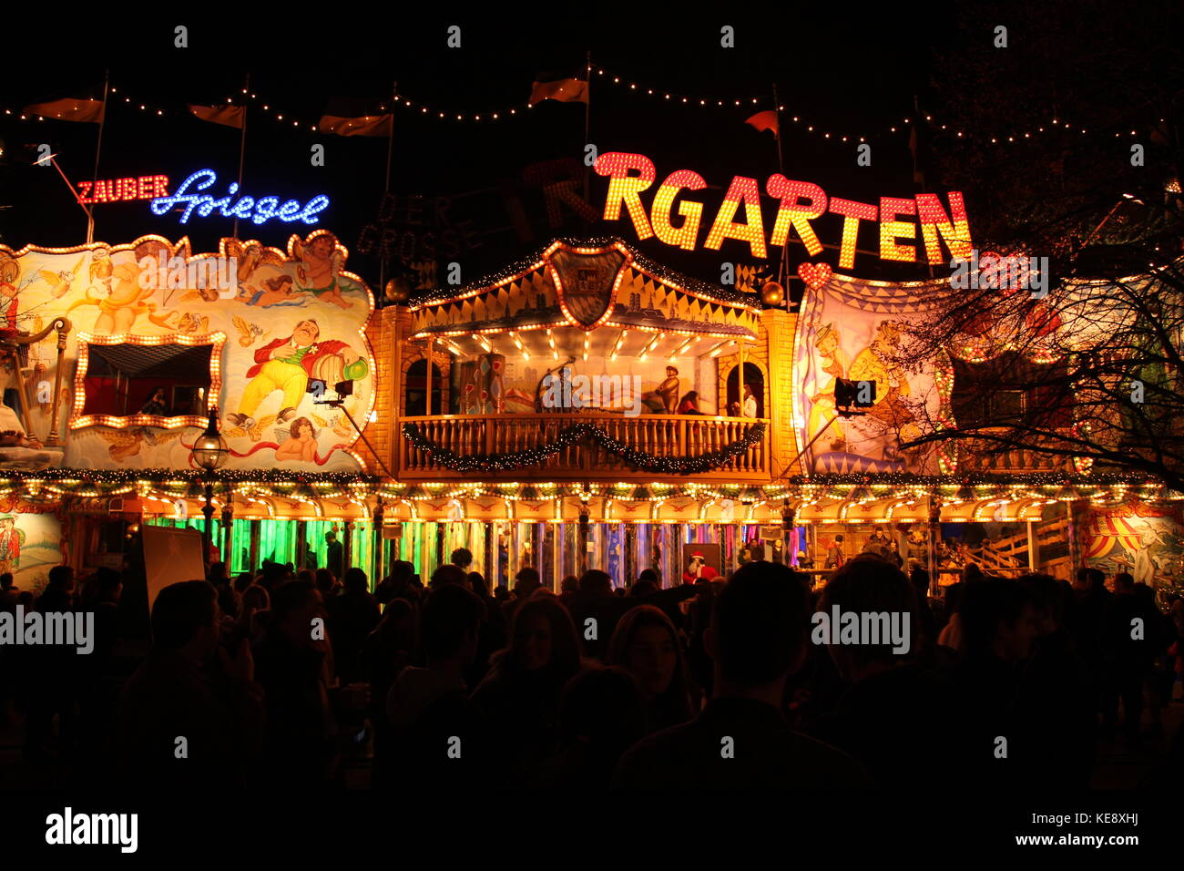 Crowds gather around the festivities at Hyde Park, Winter Wonderland, December 14th 2013, London, England. Stock Photo