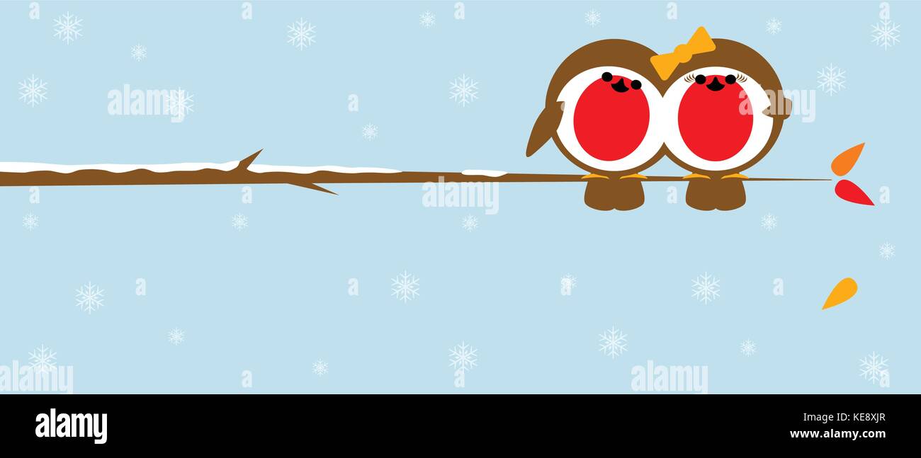 pair of robins perched on a branch in winter with snow and leaves falling in the background Stock Vector