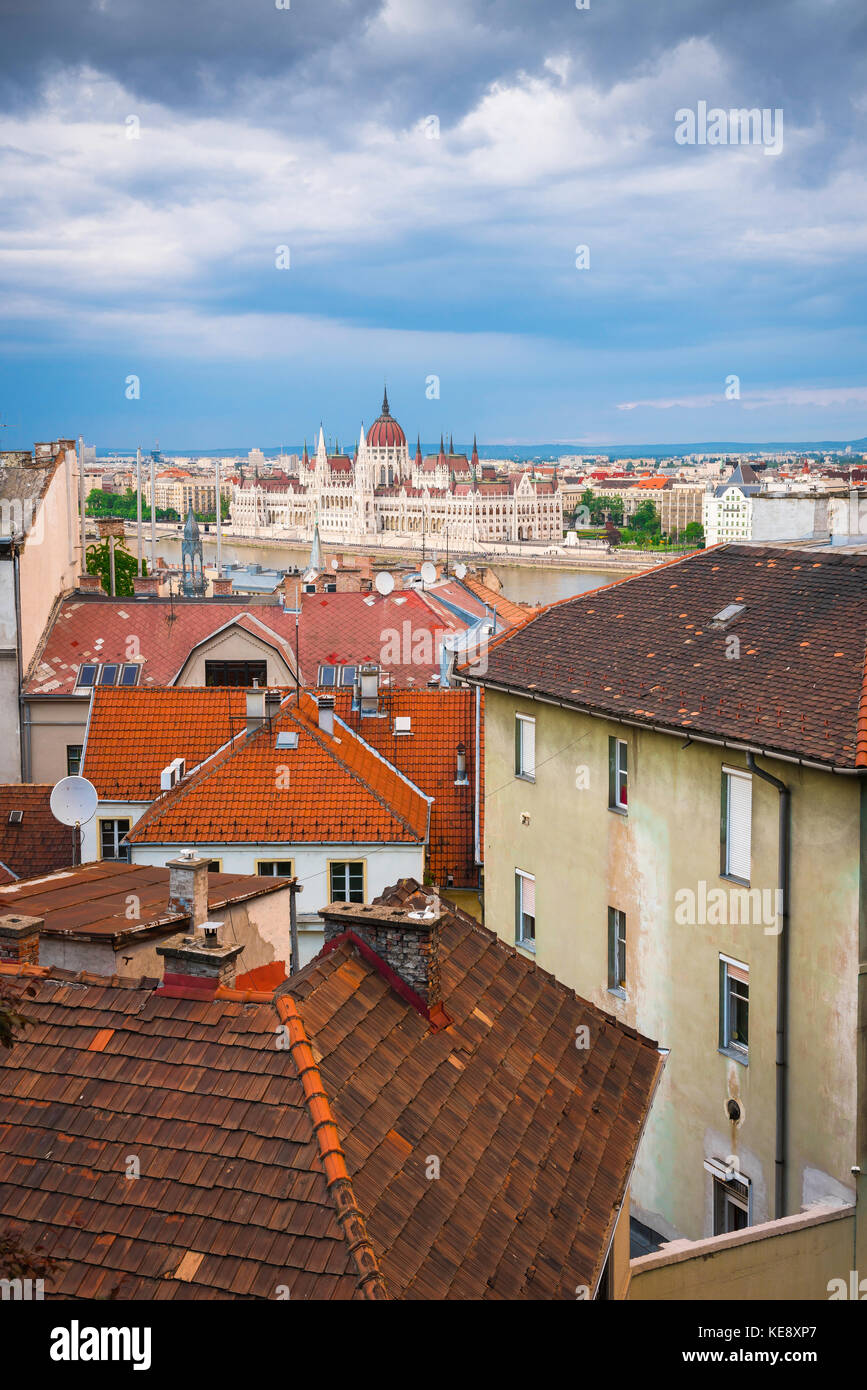Buda Hill Budapest, view across the rooftops of Buda towards the Hungarian Parliament Building in the centre of the city of Budapest, Hungary. Stock Photo