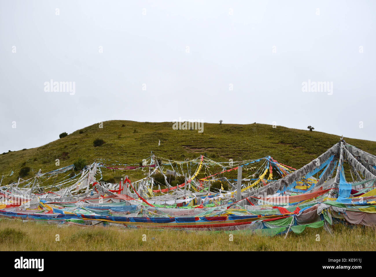 The prayer flags around the mountain behind Serti Gompa Monastery, in Langmusi - Amdo Tibet. Right next to it is the place to conduct sky burial cerem Stock Photo