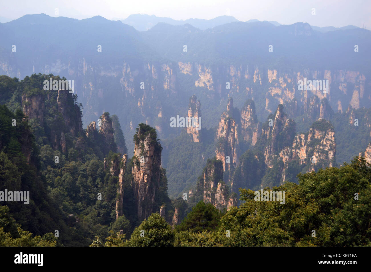 Rock formations around Wulingyuan Scenic Area. What a dramatic landscape! Pic was taken in Zhangjiajie, September 2017. Stock Photo