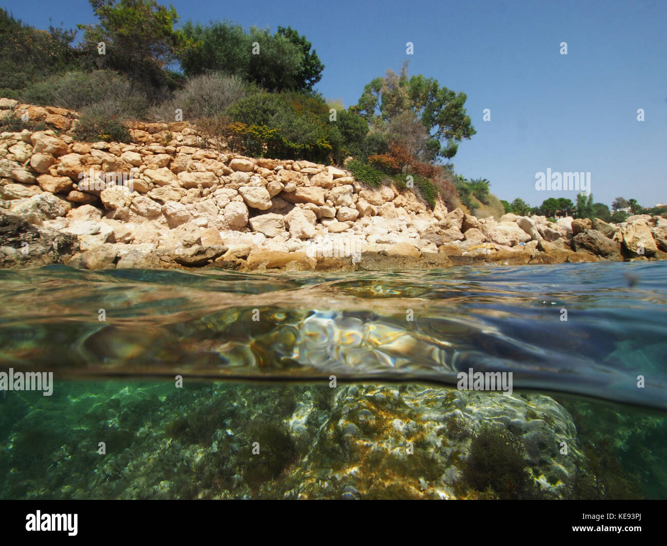 split level underwater shot at Coral Bay,Cyprus Stock Photo