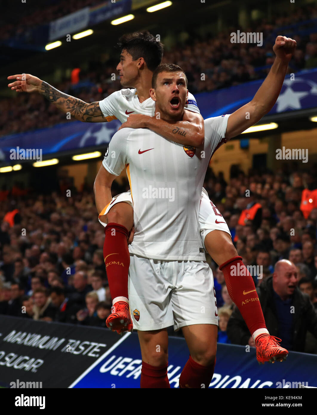 Roma's Edin Dzeko celebrates scoring his side's second goal of the game ...