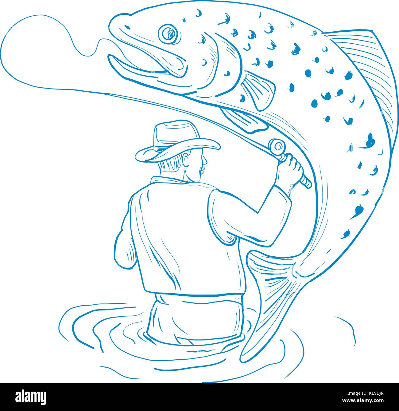 Drawing sketch style illustration of Fly Fisherman viewed from rear fishing Reeling a spotted brown Trout jumping on isolated background done in blue  Stock Vector