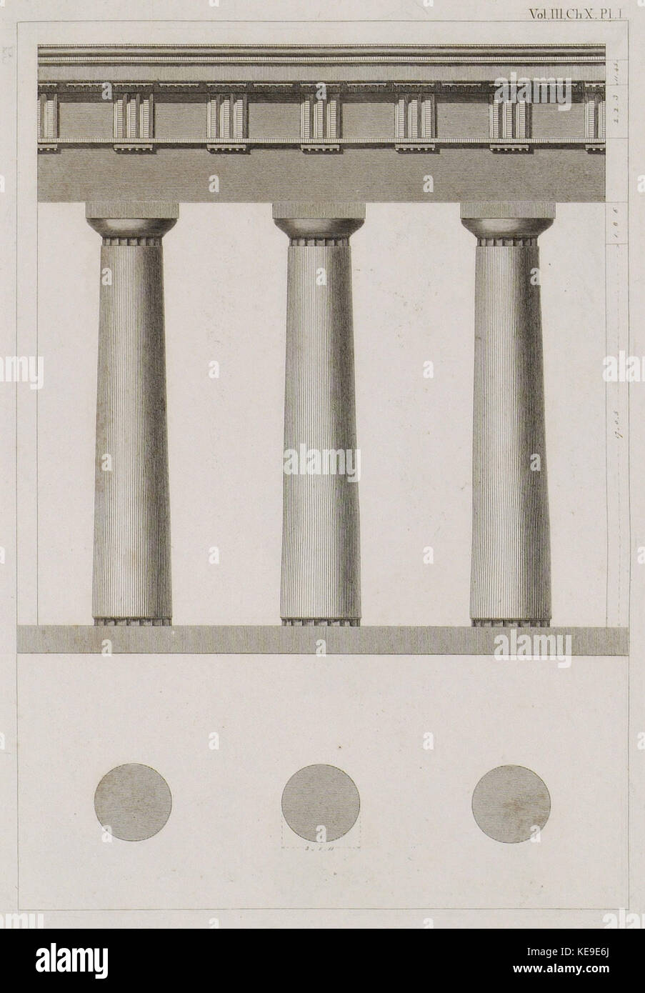 The plan and elevation of two Doric columns of the Temple of Apollo at Delos   Stuart James & Revett Nicholas   1794 Stock Photo