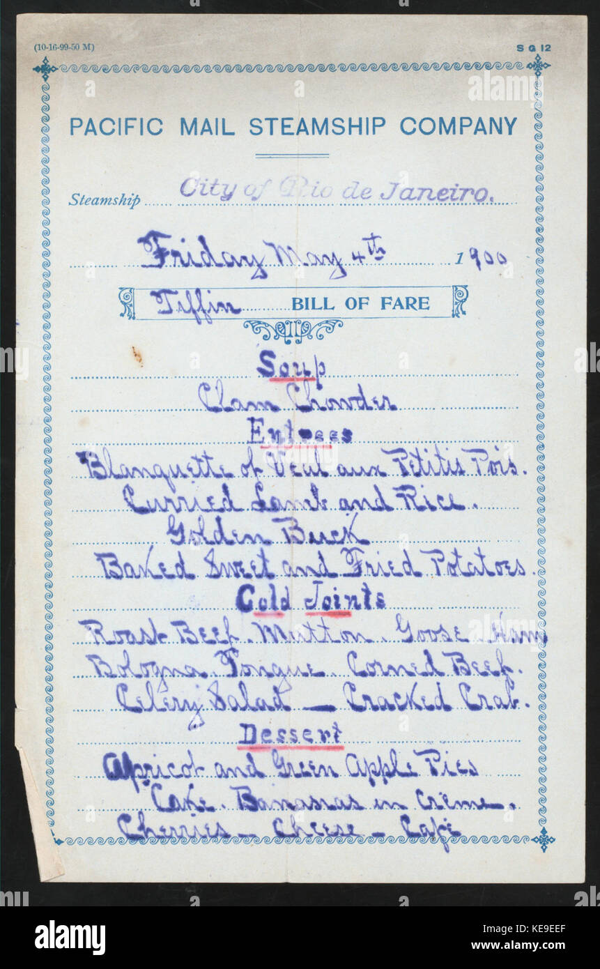 TIFFIN (held by) PACIFIC MAIL STEAMSHIP COMPANY (at) SS CITY OF RIO DE ...