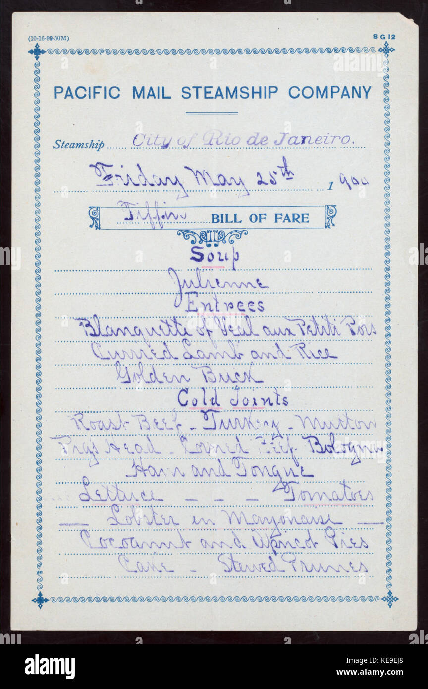 TIFFIN (held by) PACIFIC MAIL STEAMSHIP CO. (at) SS CITY OF RIO DE ...