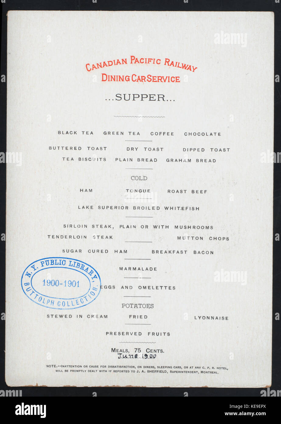 SUPPER (held by) CANADIAN PACIFIC RAILWAY (at) DINING CAR SERVICE (RR;) (NYPL Hades 274061 468336) Stock Photo