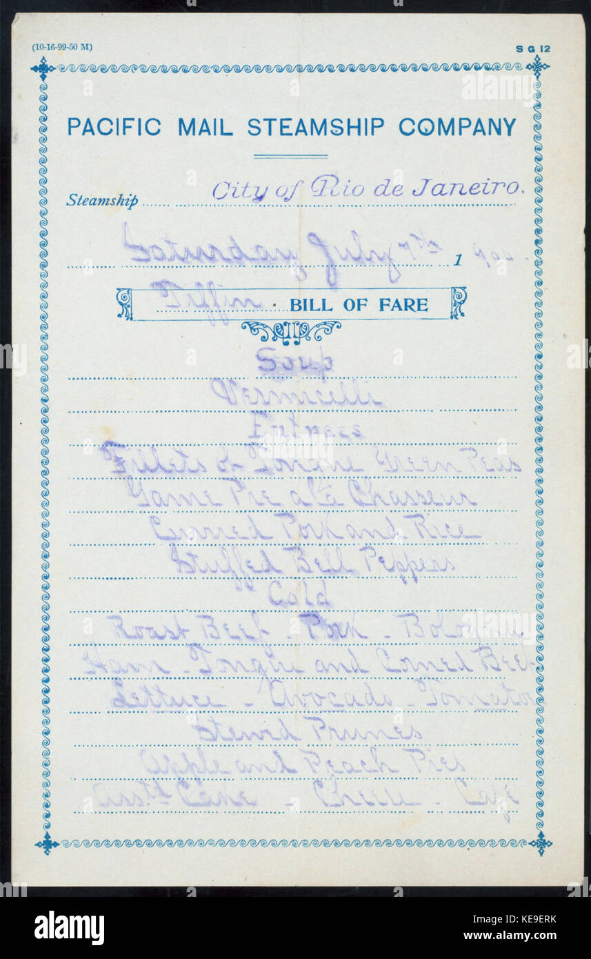 TIFFIN (held by) PACIFIC MAIL STEAMSHIP COMPANY (at) SS CITY OF RIO DE ...