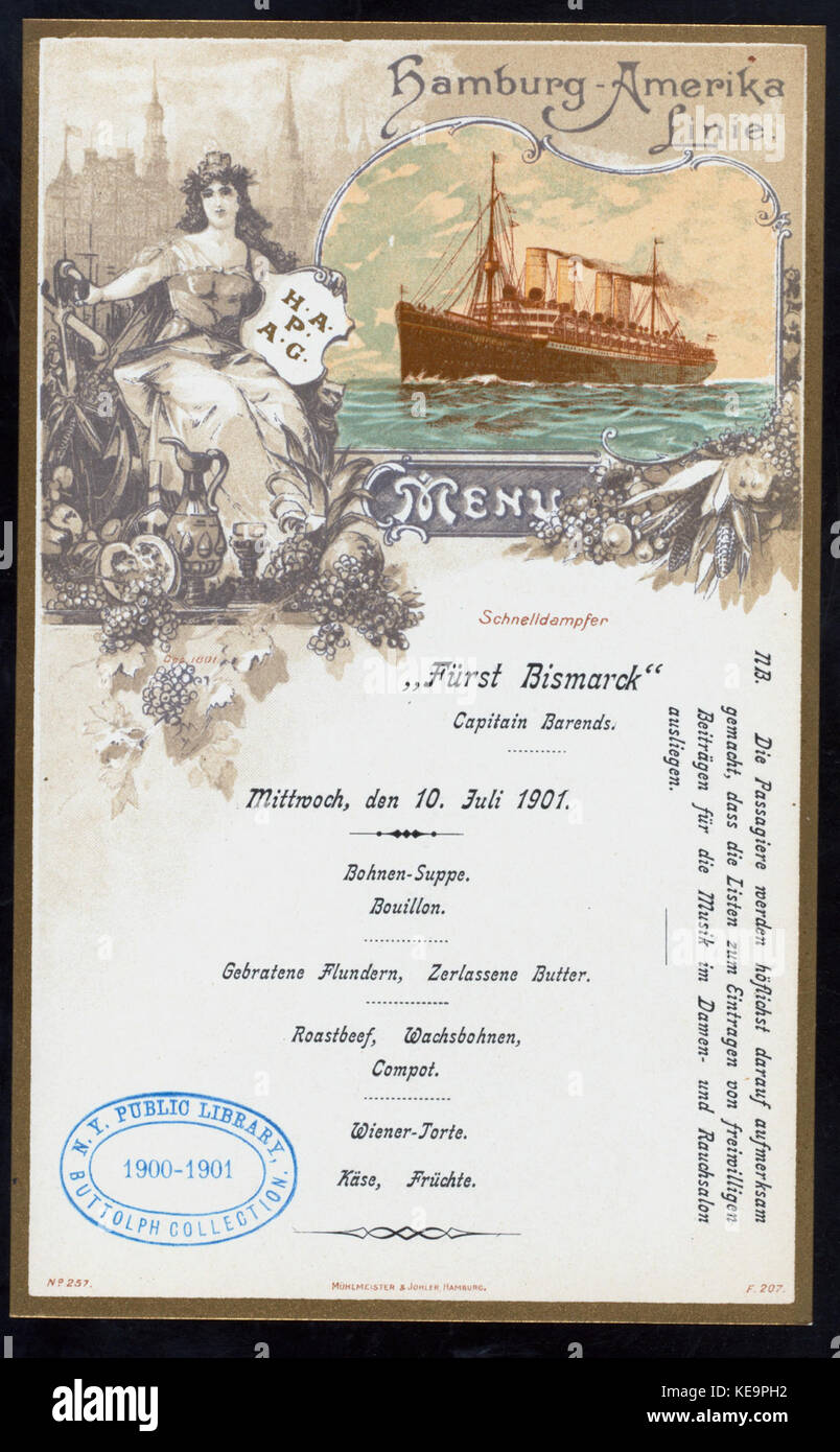 SUPPER ) (held by) HAMBURG AMERIKA LINIE (at) EN ROUTE ABOARD EXPRESS STEAMER FURST BISMARCK (SS;) (NYPL Hades 277027 469422) Stock Photo