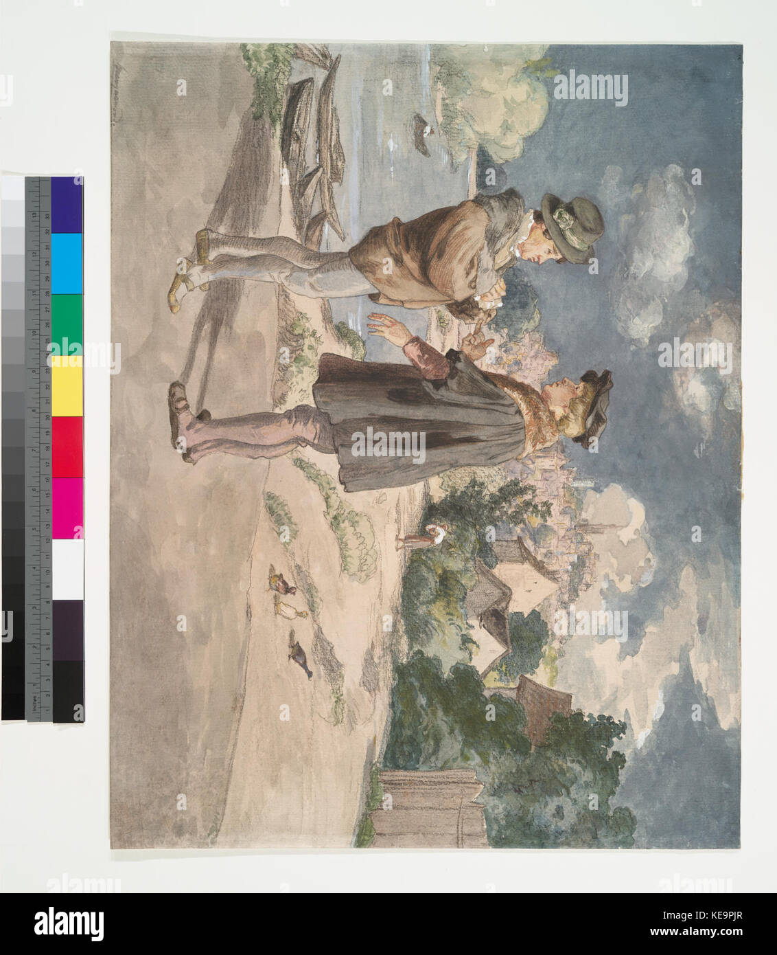 Two men in Renaissance dress conversing by a river, a village in the ...