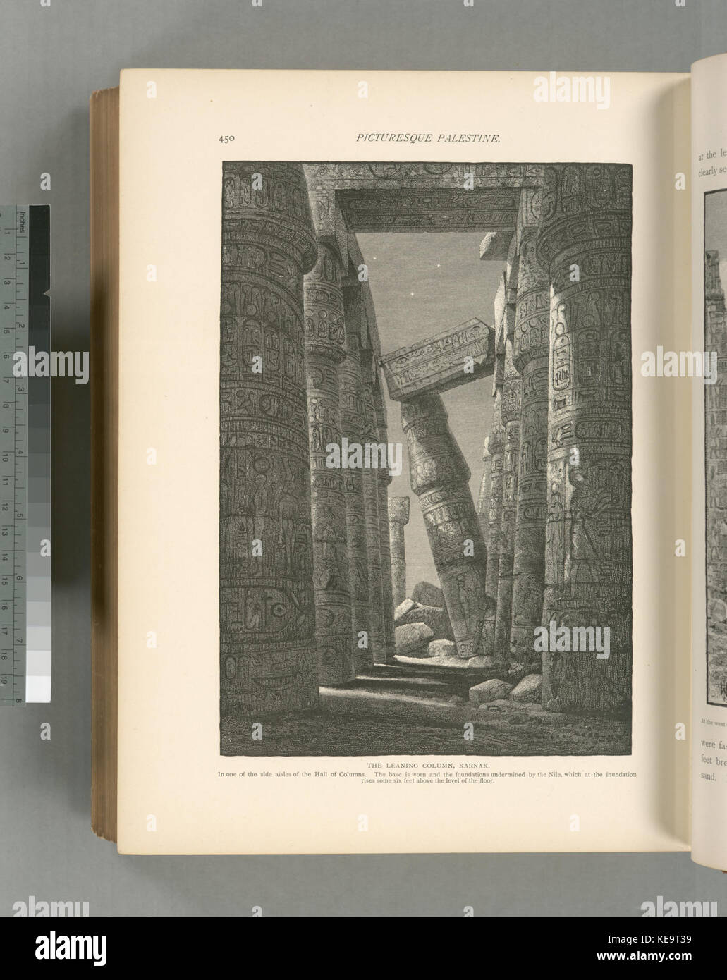 The leaning column, Karnak. In one side of the aisles of the Hall of Columns. The base is worn and the foundations undermined by the Nile, which at the inundation rises some six feet above (NYPL b10607452 80850) Stock Photo