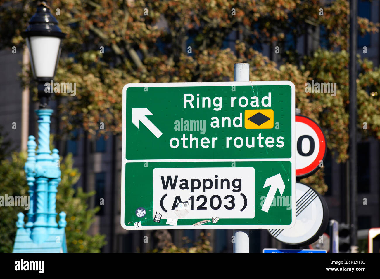 Road sign ring road Wapping A1203 in Tower Hill, London. Space for copy Stock Photo Alamy