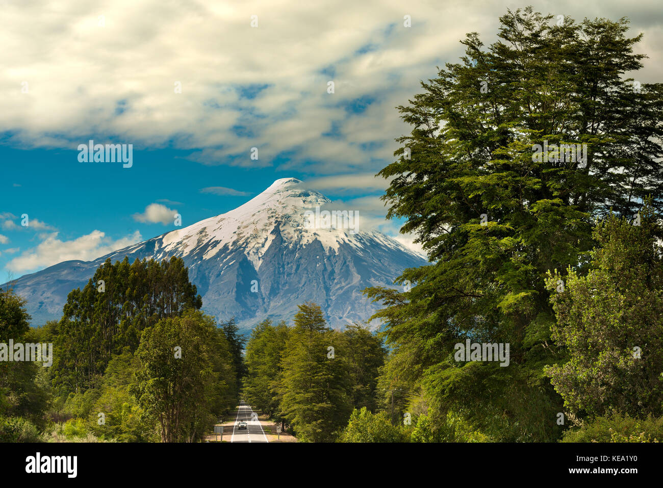 Osorno Volcano and Road at Reserva Nacional LLanquihue, Chile Stock Photo