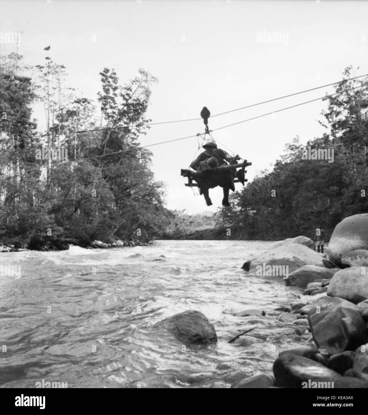 Australian troops flying fox river crossing (AWM image 013700 Stock