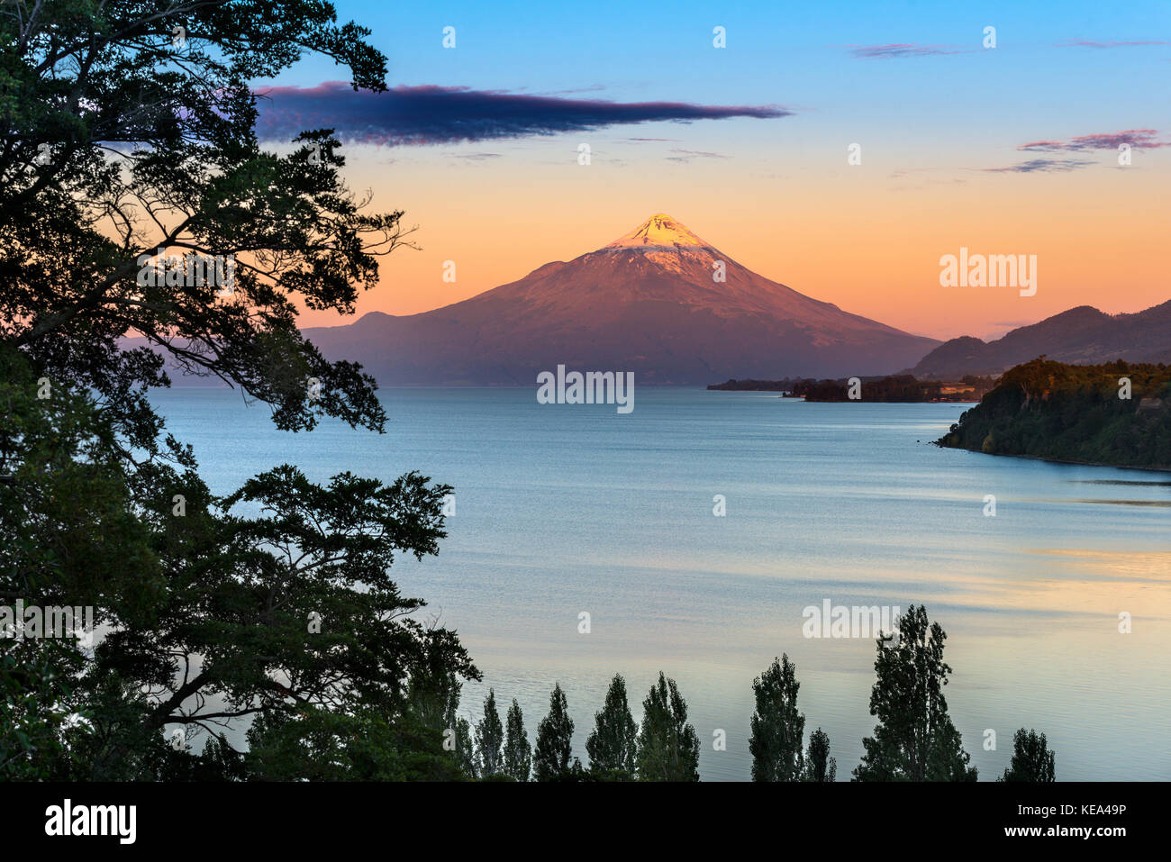 View of Osorno Volcano and Lake LLanquihue the the lake district in sourthern Chile Stock Photo