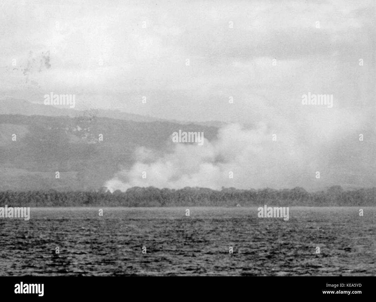 View of Tulagi after shore bombardement on 7 August 1942 (AWM 043366) Stock Photo