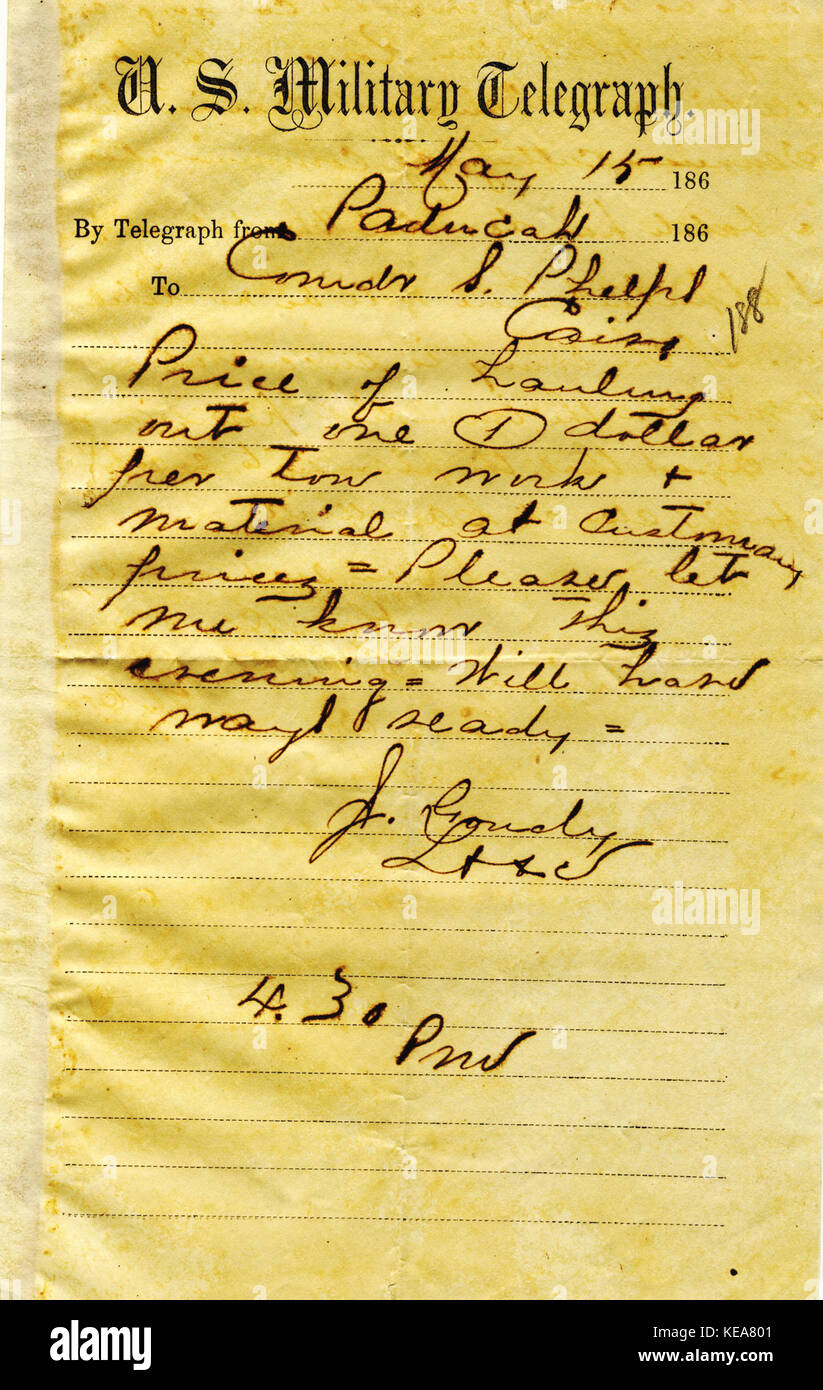Telegram from Capt. J. Goudy, Paducah, Kentucky, to Seth Ledyard Phelps